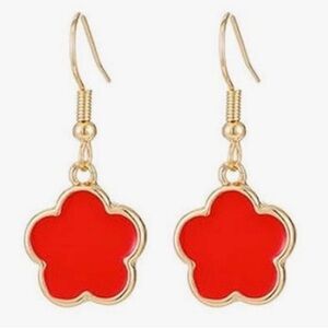 Metal Gold and Red Clover Drop Earrings